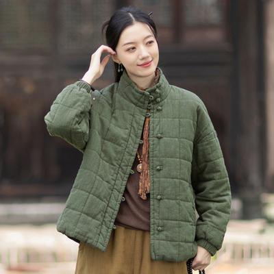 Зимняя свободная куртка с воротником-стойкой, теплая, на хлопковой подкладке, женская, в китайском ретро-стиле, повседневная, стеганая, в клетку, на пуговицах, куртка на хлопковой подкладке