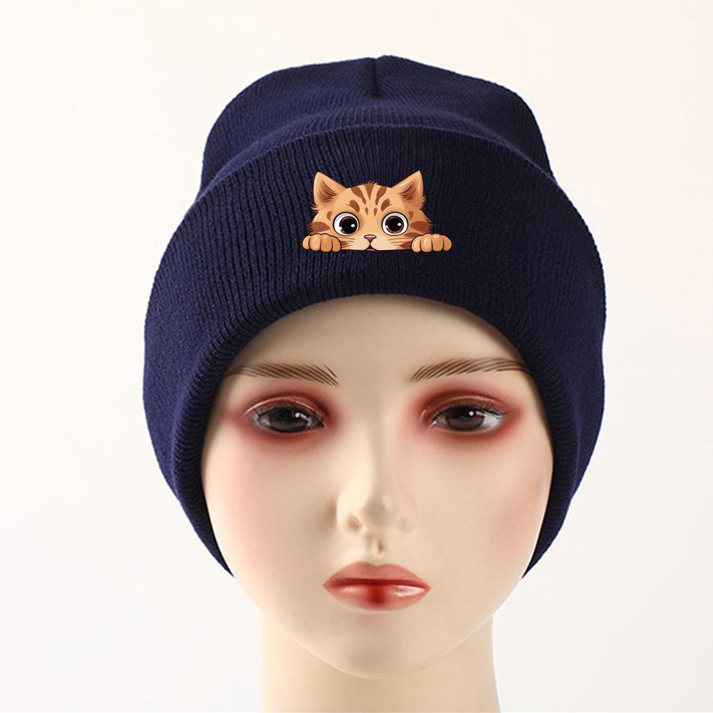 Cartoon Ginger Cat Winter Knit Cap Beanie, Animal Woman Cap Versatile Candy Color Sporting Pompom Beanies Knitted Hat Beanie