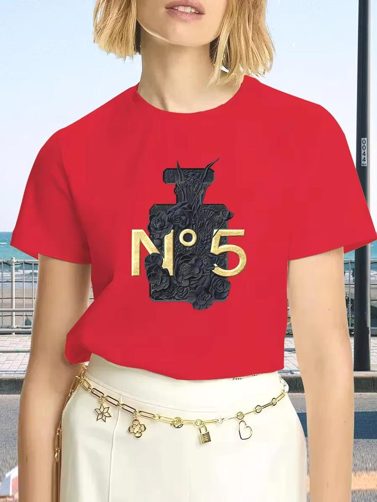 Luxury Brand Fashion Black Perfume Surrey Printed Crew Neck Clothing Short Sleeve Summer Women's Trend Y2K Oversized Tops