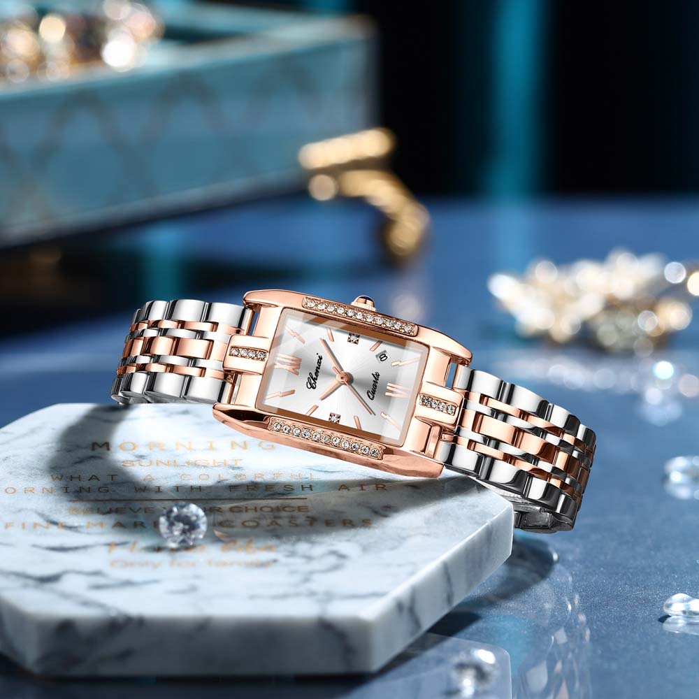 CHENXI New Square Ladies Watch Date Display Solid Stainless Steel Strap Diamond-Accented Fashion Quartz Watch for Women