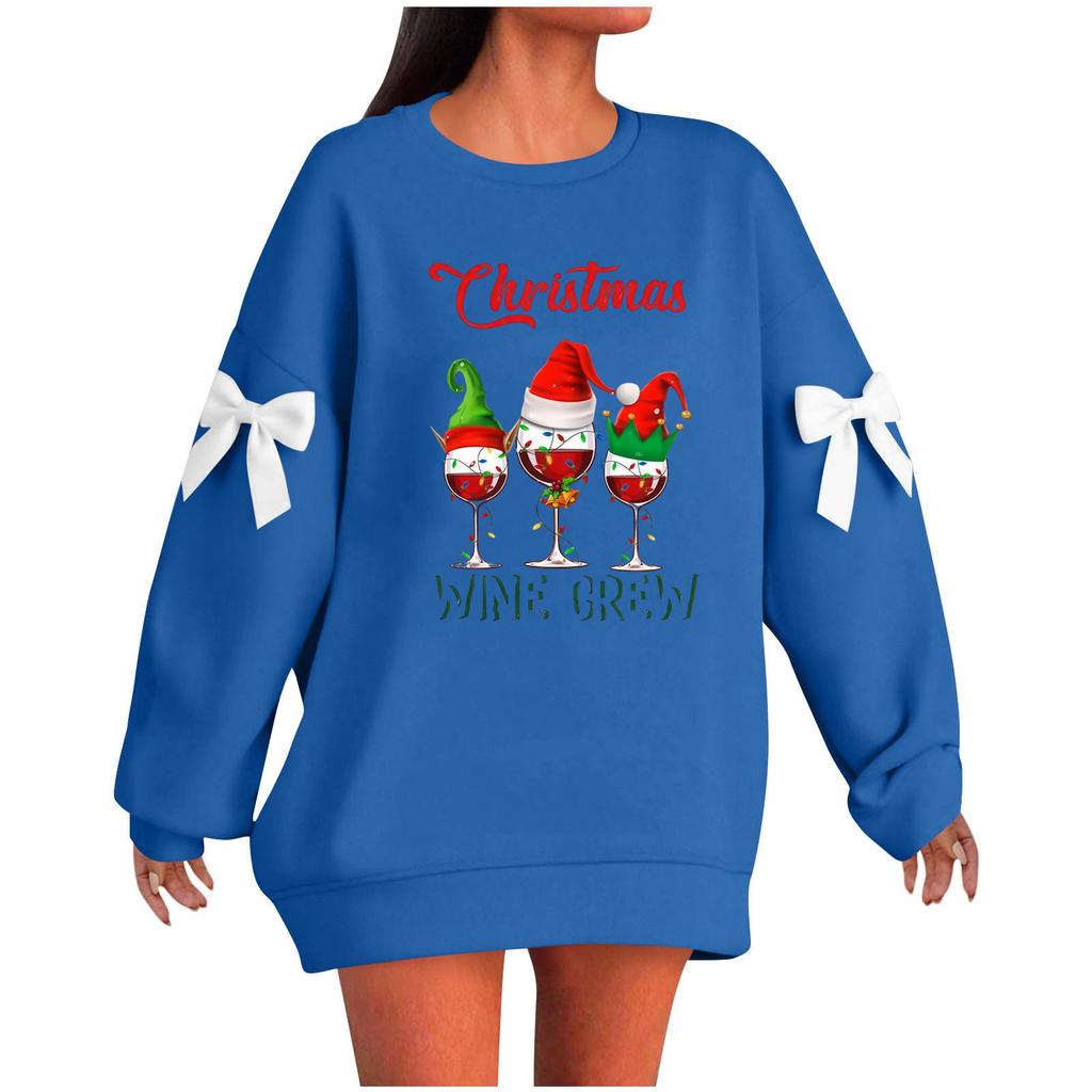 Ladies' Christmas Printed Bow Round Neck Long Sleeved Loose Pullover Sweater Sweatshirt Top