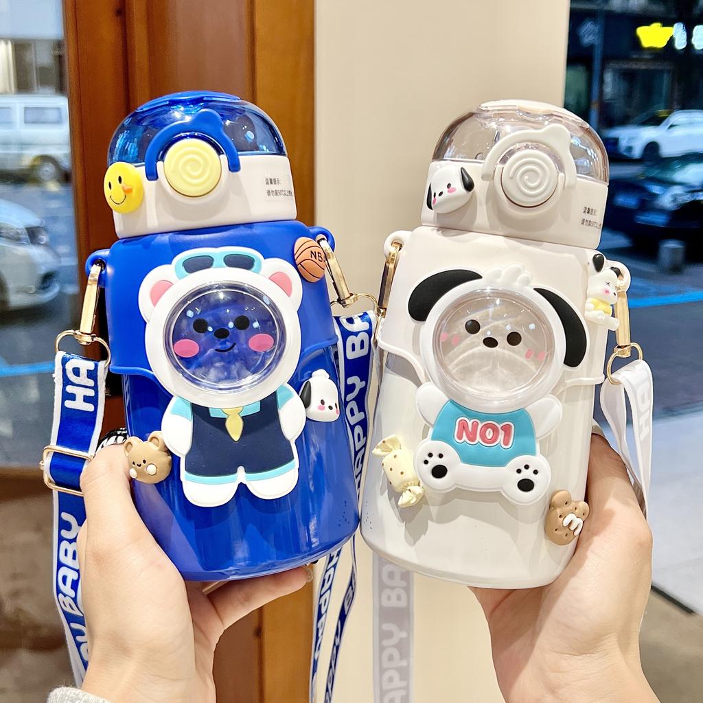 550 мл Очаровательная детская термокружка Мультяшная из нержавеющей стали Детская термобутылка для воды с трубочкой Легкая Школьная кружка-поилка