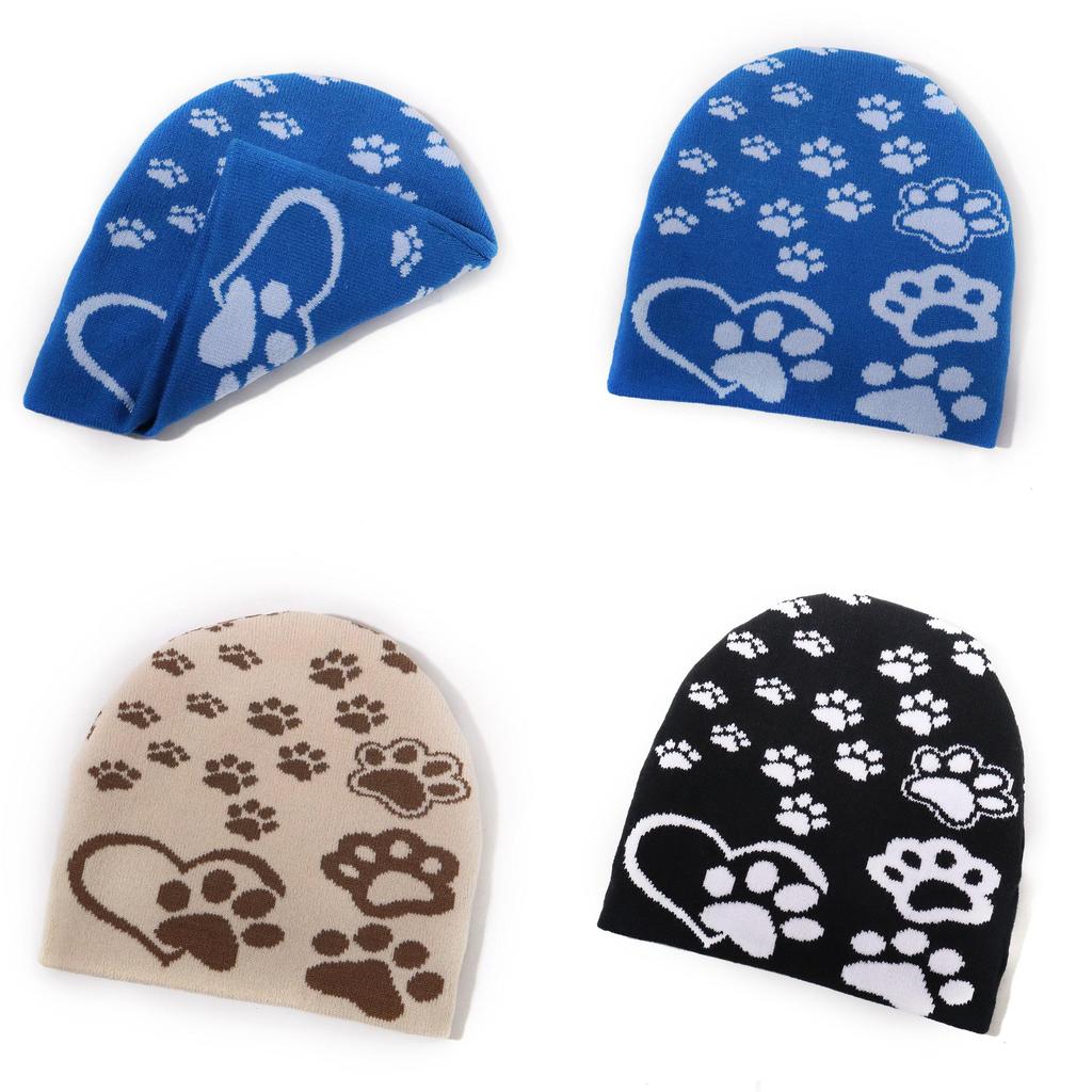 Casual Dog Paw Print Knit Hat With Acrylic Fabric For Winter Outdoor Sports And Trendy Fashion