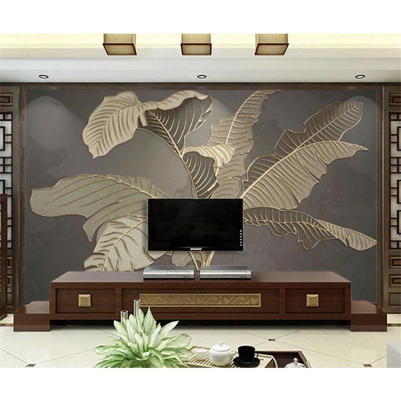 Обои с банановыми листьями, легкие роскошные зеленые фрески с растительным рисунком, золотые рельефные линии, обои для спальни, ресторана, фоновая настенная фреска