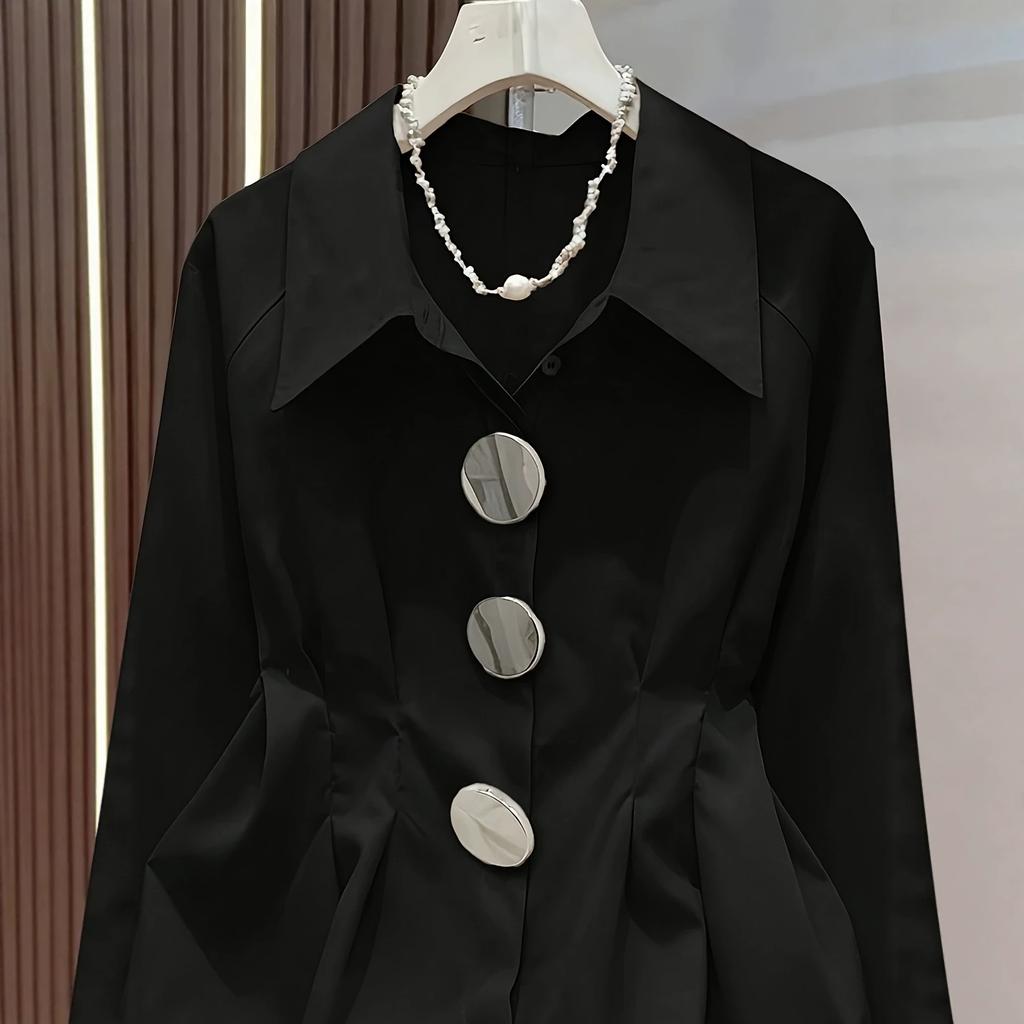Black Collar Waist Cinched Pleated Shirt Women's Large Metal Button Commuting Long Sleeved Chic Top