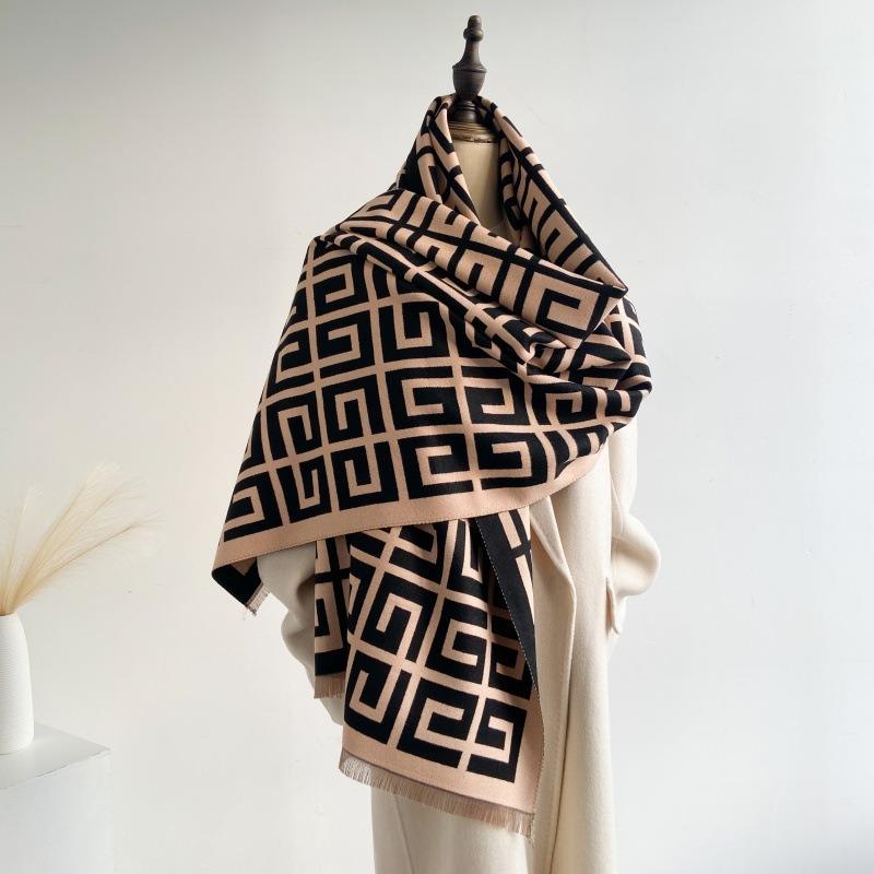 Scarf Women's Winter High Sense Versatile Imitation Cashmere Scarf Labyrinth Grid Shawl with Dual-purpose Warm Scarf