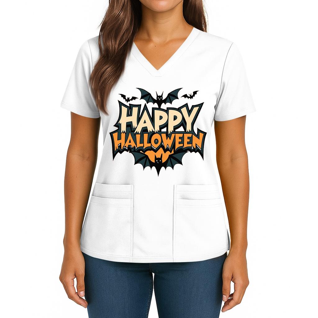 Женский Хэллоуинский Принт V-образный вырез Двойной карман Короткий рукав Разрез по подолу Топ для униформы/сиделки