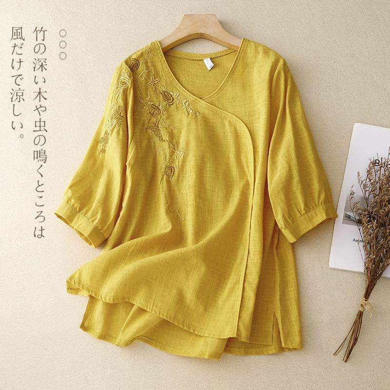 Новый летний стиль 700-й рукав три четверти Вышитая рубашка для женского литературного ретро свободного кроя Вышитый хлопок и лен Топ
