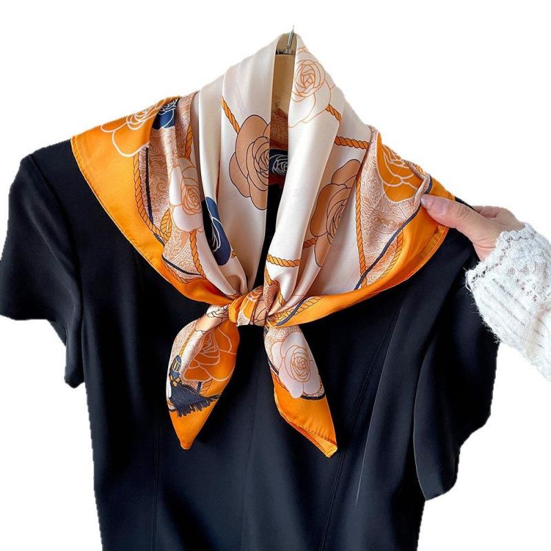 Satin Printed Square Scarf Silk Scarf for Women National Style Floral Scarf Thin Neck Protection Versatile Professional Stewardess Scarf