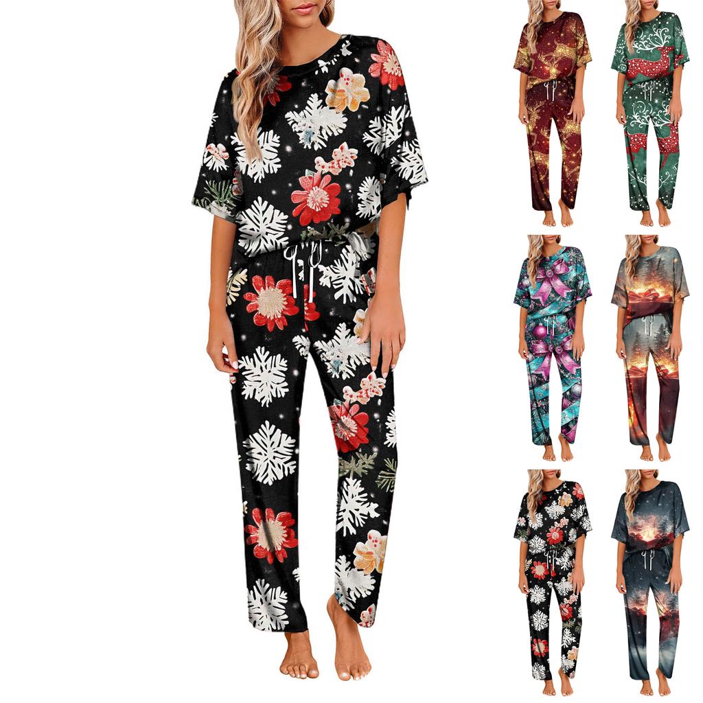 Женский шелковый атласный пижамный комплект с рождественским принтом, рубашка с коротким рукавом и длинные пижамные штаны, мягкая домашняя одежда