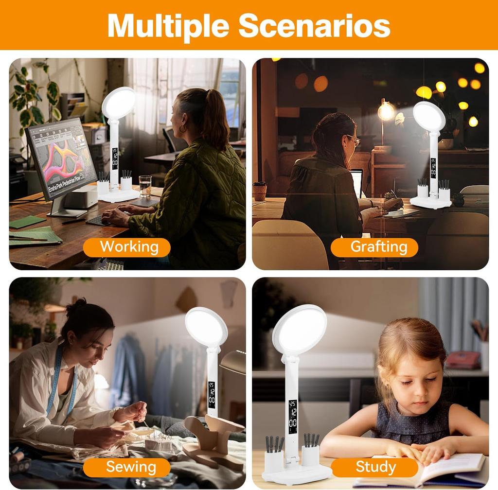 Перезаряжаемая настольная лампа для учебы, настольная лампа для чтения, светодиодная настольная лампа с вентилятором, светодиодная лампа для чтения с дисплеем часов