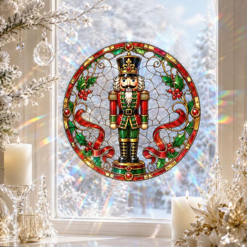 Christmas Nutcracker Glass Sticker Rainbow Round Window Cling Holiday Decor