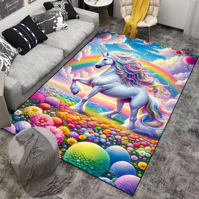 Magical Unicorn Carpet with Rainbow and Colorful Floral Design Suitable for use as an anti-slip for living room bedroom sofas
