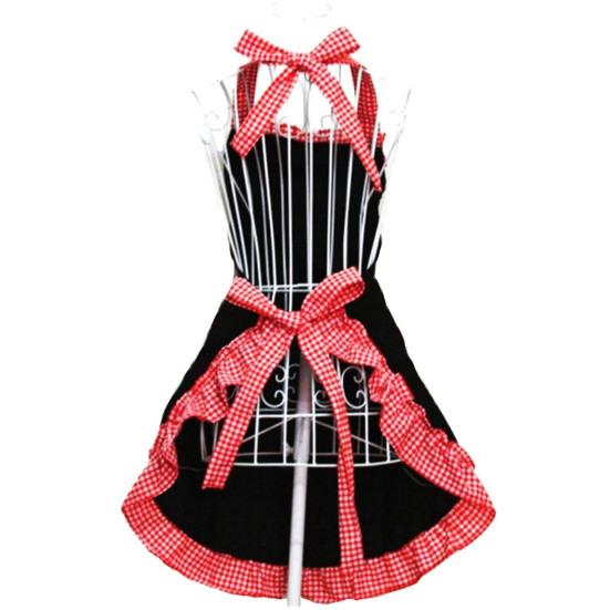Women Cute Bowknot Decor Pocket Apron Plaid Print Splicing Adjustable Lace-up Kitchen Flirty Apron Mother Day Gift