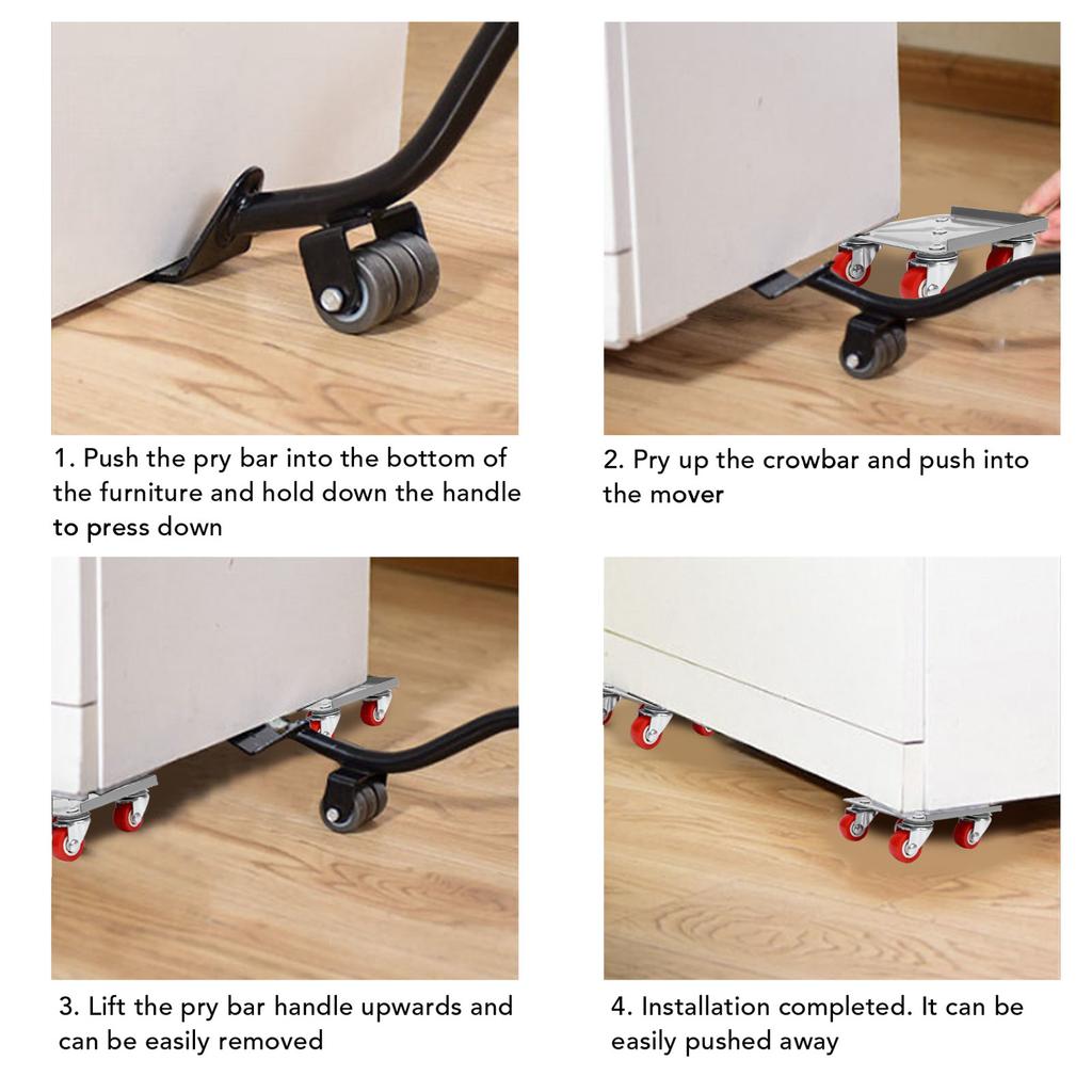 4 шт. Мебельные ролики 5 Универсальных колес Инструмент для подъема и перемещения мебели с удлиненным ломом 1700 фунтов Сплав углеродистой стали