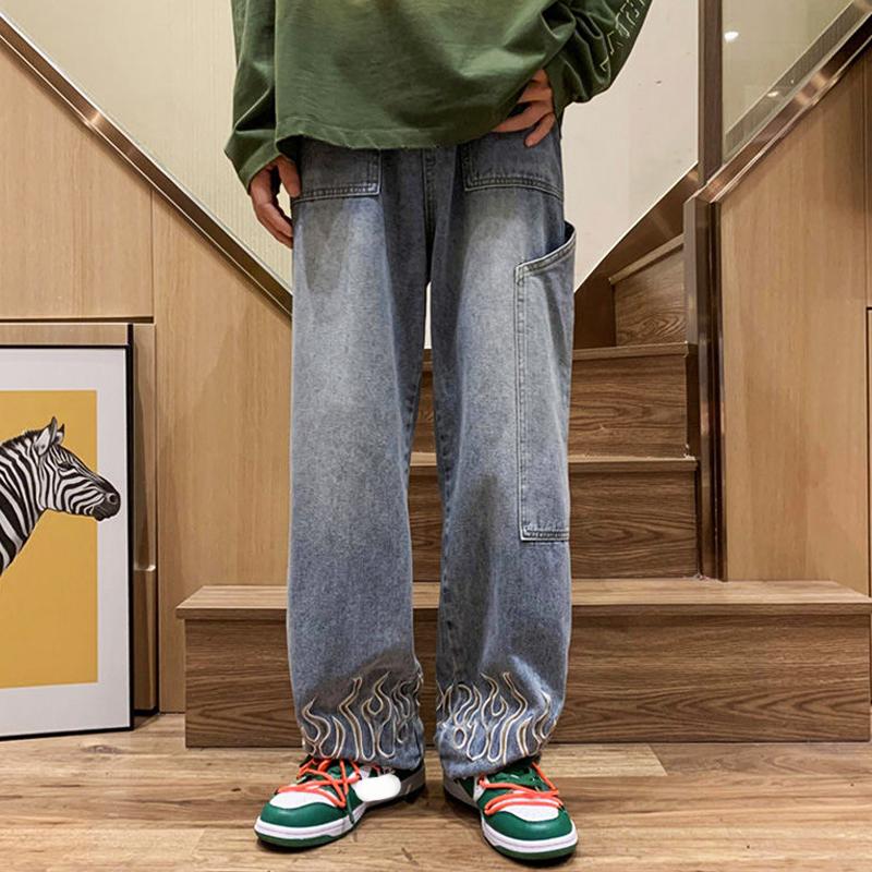 Мужская мода Y2K Одежда Винтажные роскошные джинсы Мужчины Огненная вышивка Высококачественные мешковатые прямые брюки Джинсовые брюки Джинсы для мужчин Уличная одежда