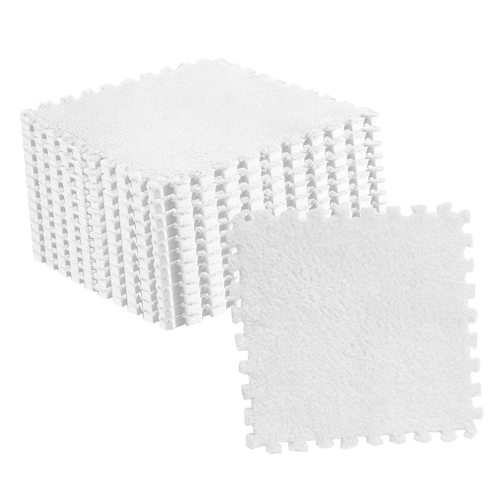 10pcs Plush Puzzle Floor Foam Mat Tiles Fluffy Cuttable Anti Slip Interlocking Carpet Tiles White