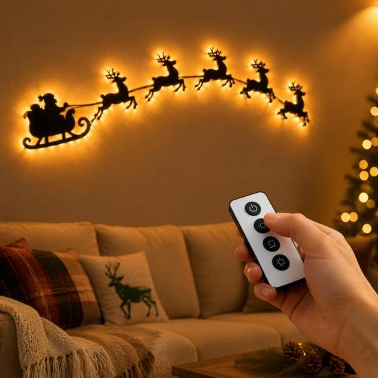 Holiday Gift for Family Lighted Santa Sleigh Reindeer Christmas Wall Decor with Remote, 3D Light Up Wood Peel Indoor Decoration And Stick Entryway
