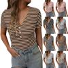 Women's Fashion Stripe V Neck Short Sleeved Pullover Casual T-shirt Top