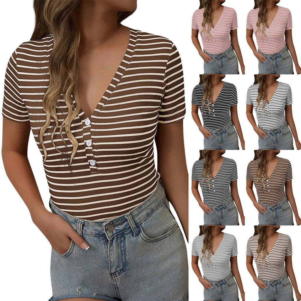 Women's Fashion Stripe V Neck Short Sleeved Pullover Casual T-shirt Top