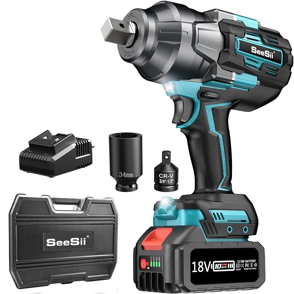 SEESII 1600Нм Высокомоментный ударный гайковерт 3/4" Аккумуляторный ударный пистолет Бесщеточный электрический гайковерт для грузовика, автомобиля с адаптером 3/4" на 1/2"