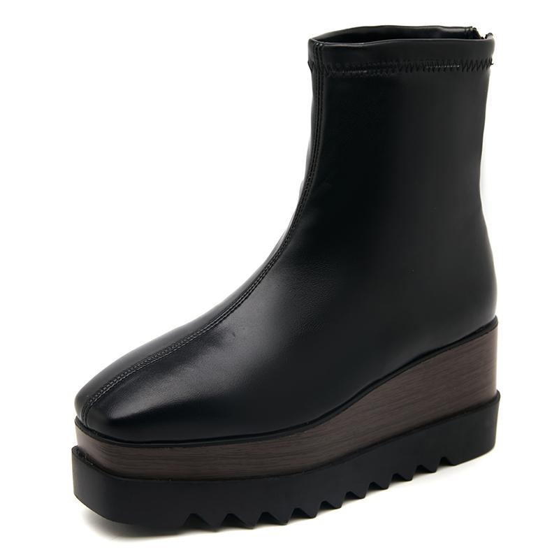 8cm Chunky Platform Boots Womens High Heels Winter Warm Ankle Boots Casual Back Zipper Wedges Creepers Black Ladies Boots