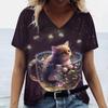 Cute Kitten Women's T-Shirts V-Neck Short Sleeve Harajuku Tshirts Summer Woman Fashions Tops Loose Casual Clothing Kawaii