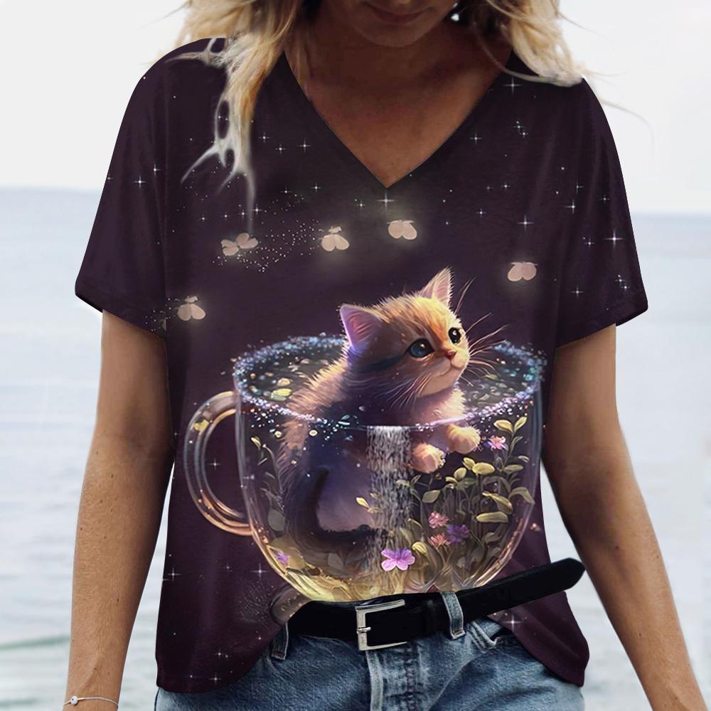 Cute Kitten Women's T-Shirts V-Neck Short Sleeve Harajuku Tshirts Summer Woman Fashions Tops Loose Casual Clothing Kawaii