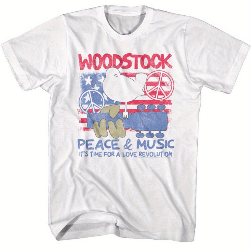 Men's Woodstock Peace Music Graphic T-Shirt 100% Cotton Crew Neck Short Sleeve Patriotic Vintage Festival Design