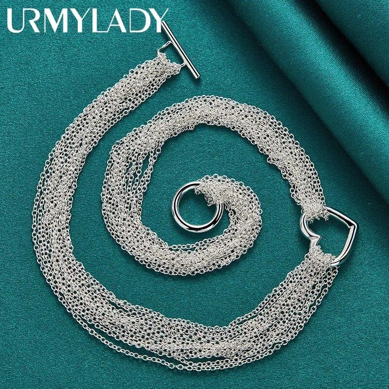 URMYLADY стерлингового серебра 925 пробы, мульти-тонкая цепочка с подвеской в форме сердца, ожерелье для женщин, свадебная вечеринка, модные очаровательные ювелирные изделия