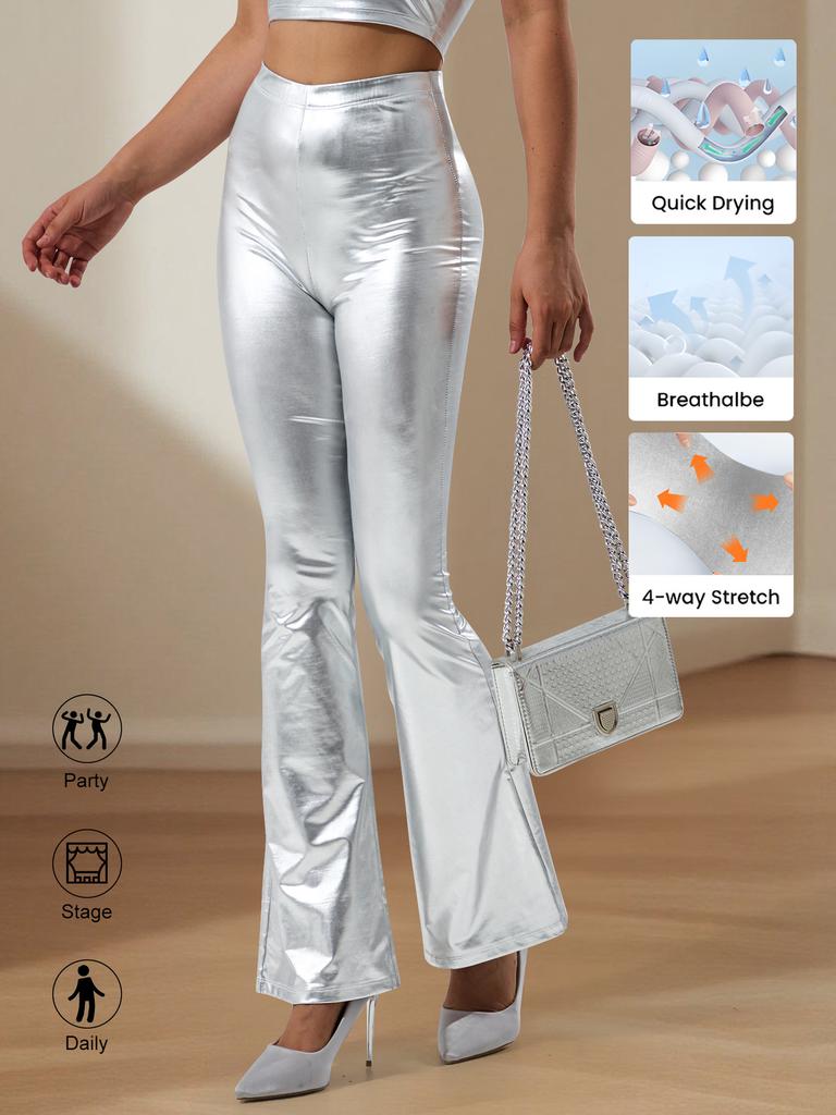Женские укороченные брюки с золотым тиснением, трендовые повседневные серебристые расклешенные длинные брюки