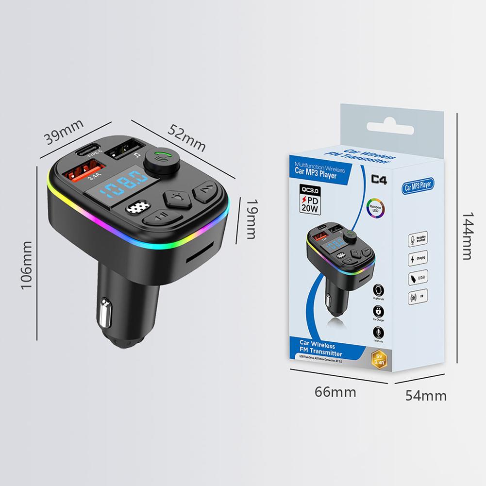 Bluetooth 5.3 Автомобильный FM-передатчик PD Type-C Dual USB Ambient Player MP3-зарядное устройство Type-C Беспроводной светильник Handsfree PD QC3.0