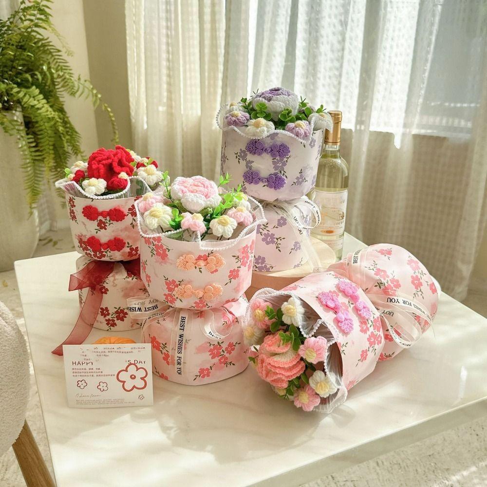 Romantic Carnation Bouquet Gift Finished Fake Flower Knitted Rose Bouquet Valentine's Day Gift