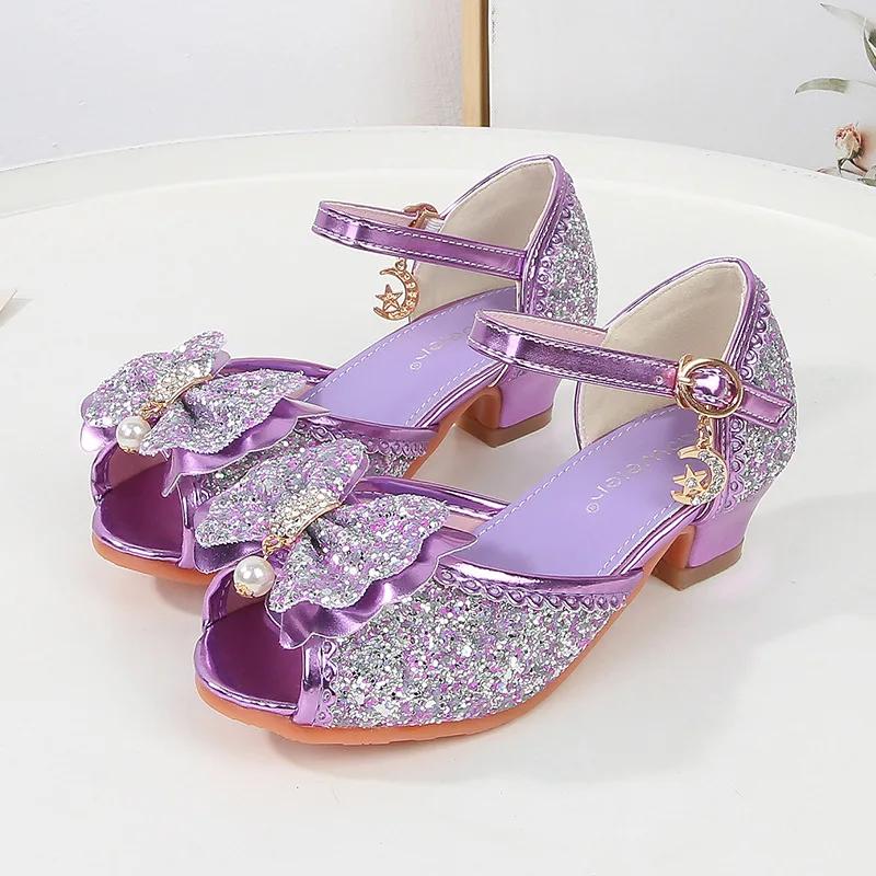 2024 Kids Sandal Girls Summer Sequins Princess Dress Sandals Fashion Sweet Bowtie Glitter Children High Heels for Wedding Party