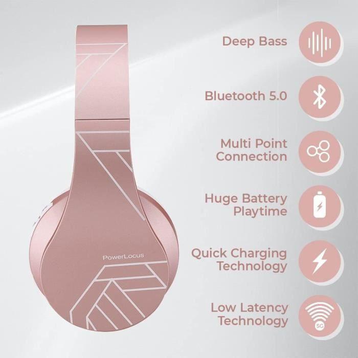 Casque Bluetooth - POWERLOCUS - P2 - Rose doré - Réduction de bruit - Son Hi-Fi - Étui inclus
