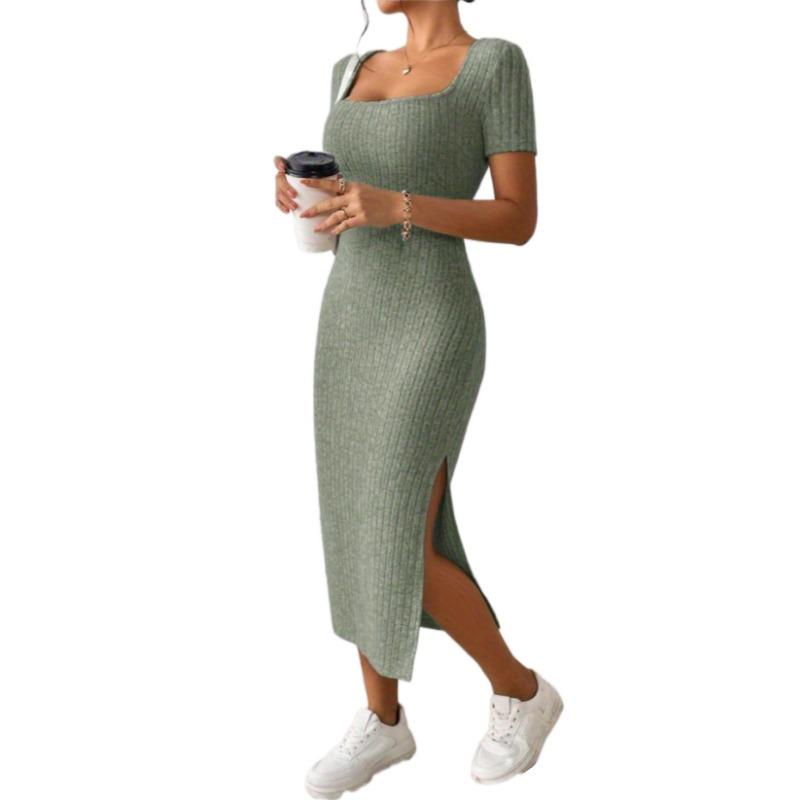 2023 European and American New Independent Station Amazon Hot French Square Collar Side Split Rib Knitted Short-sleeved Dress