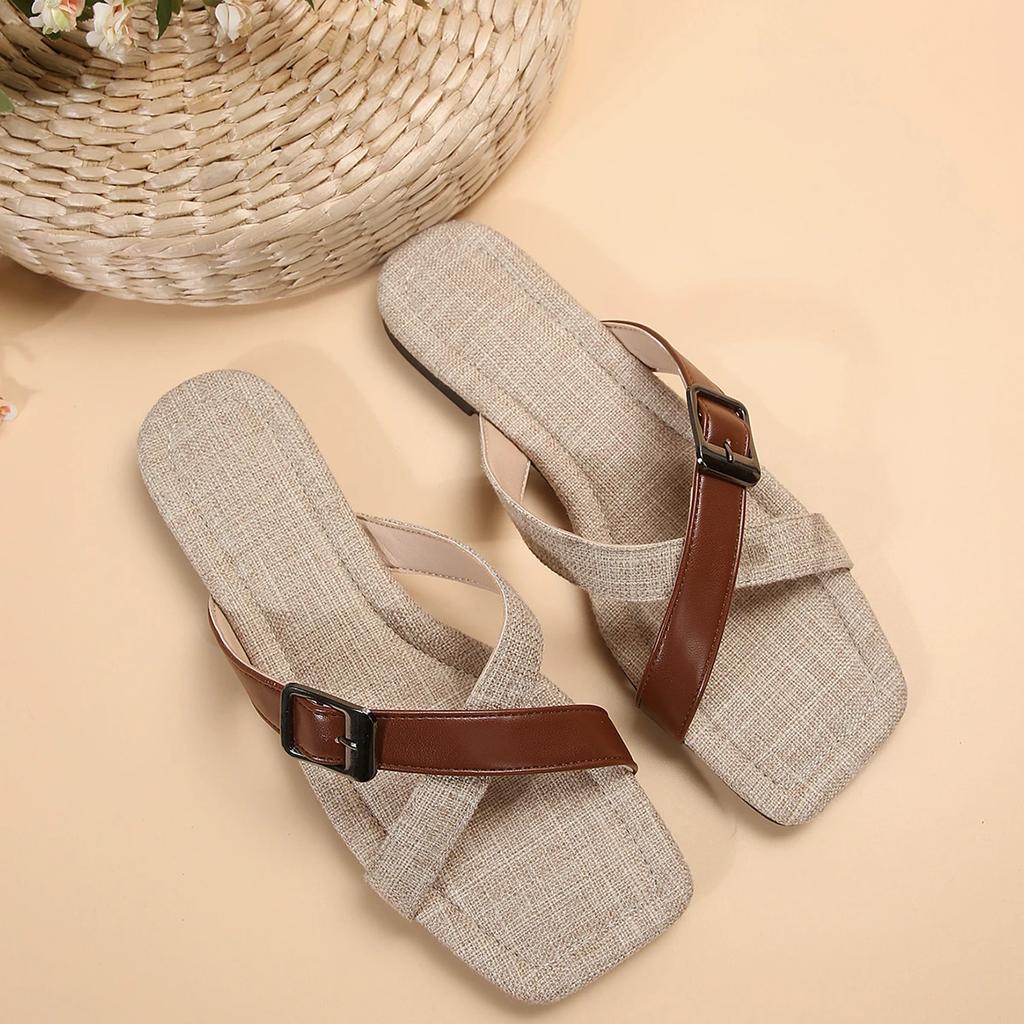 2024 2024 Brown Cross-strap Buckle Slippers Women Summer Walking Beach Sandals Brand Designer Flip Flops Casual Zapatos Female