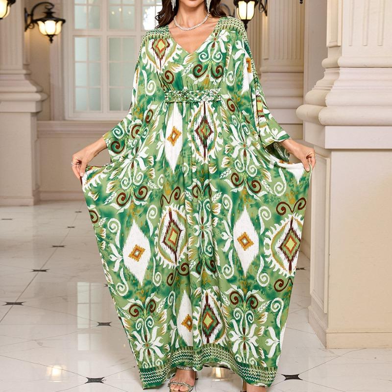 Женская мода весна осень геометрический принт длинный рукав V-образный вырез свободная талия повседневные платья