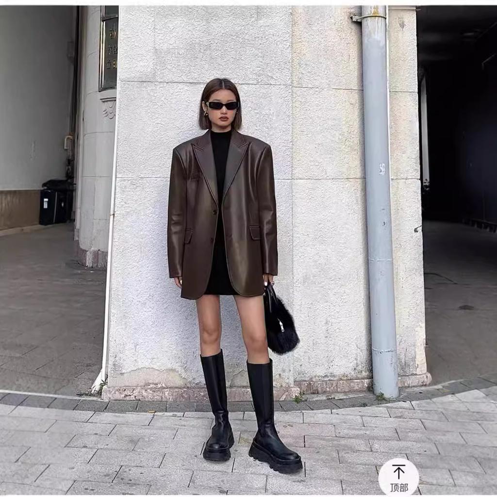 Женский черный коричневый мягкий ПУ блейзер с подплечниками, длинный рукав, однобортный свободный повседневный пиджак, топы, корейское модное пальто