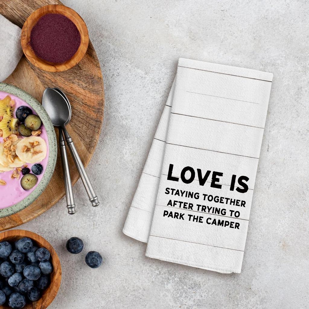 Camping Kitchen Towels, Camping Decor, Camper Towels, Camper Hand Towels, Camper RV Decor, Camper Gifts, Love is Staying Together, 16x24 Inches