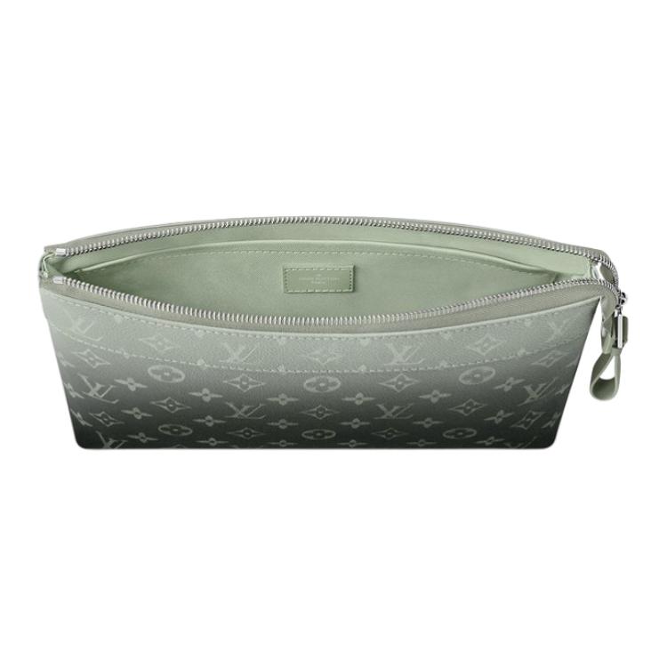 Louis Vuitton Pochette Voyage Letter Logo Zipper Toiletry Bag Leather Clutch Men bags Khaki-Green M11545