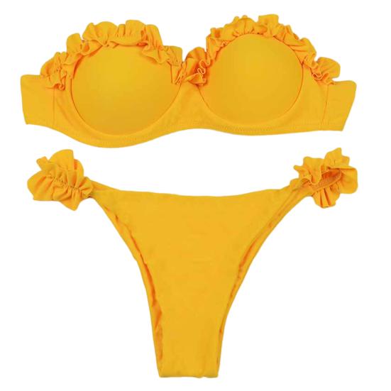 2Pcs/Set Women Summer Bikini Set Bandeau Ruffle Trim Bra Mid Rise Briefs Set Push Up Bathing Suit Split Design Swimsuit