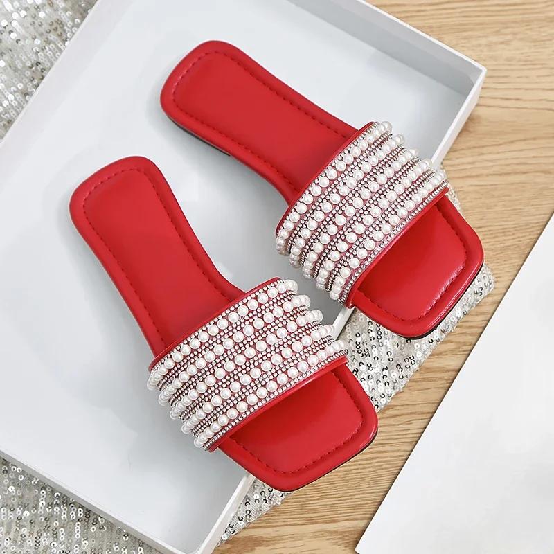 Плоские шлепанцы для женщин, модные женские сандалии с бисером, летние женские тапочки конфетных цветов