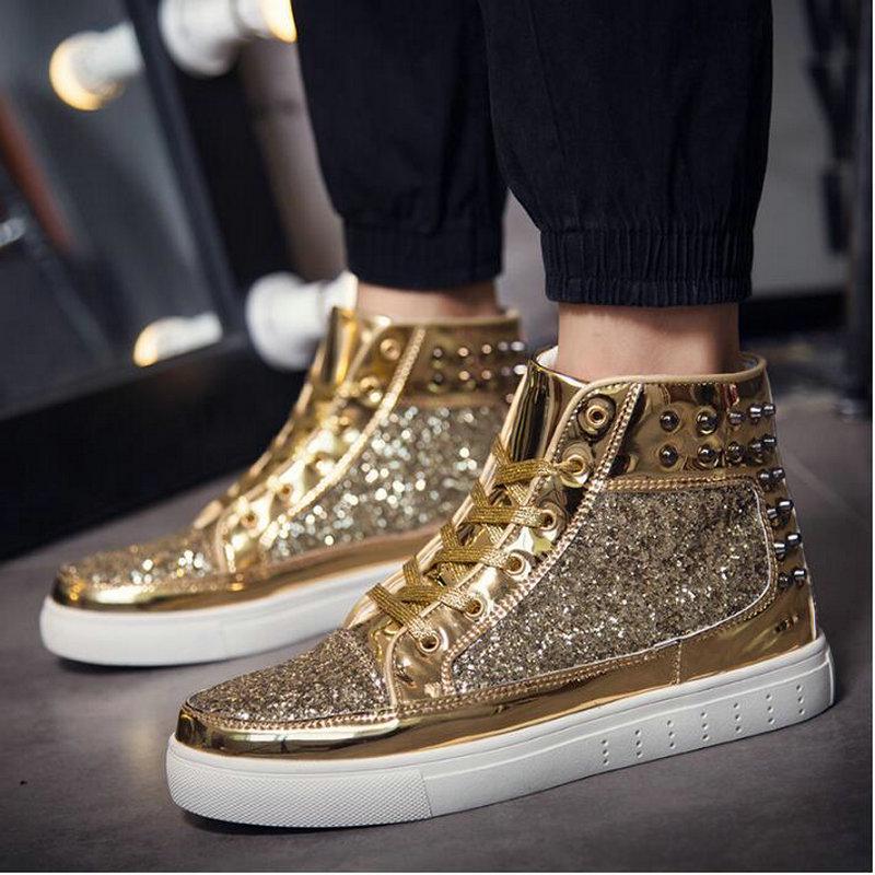 Модные мужские скейт-кеды серебристо-розовые Lovers sequined Shoes Rivets Punk Glitter Shoes Men Sneakers Youth High Top Street Flats sd45