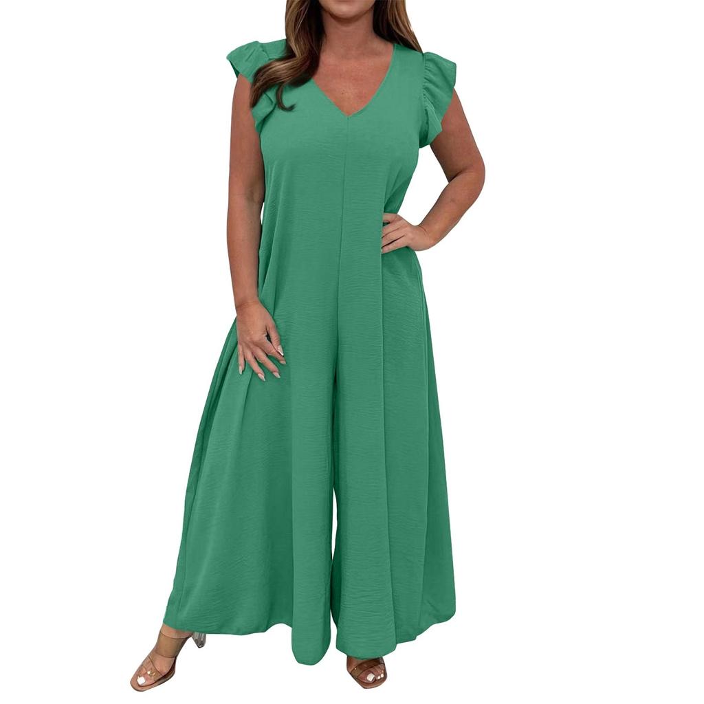 Women's Casual Solid Color Back Tie Ruffled Wide Leg Long Pants Jumpsuit