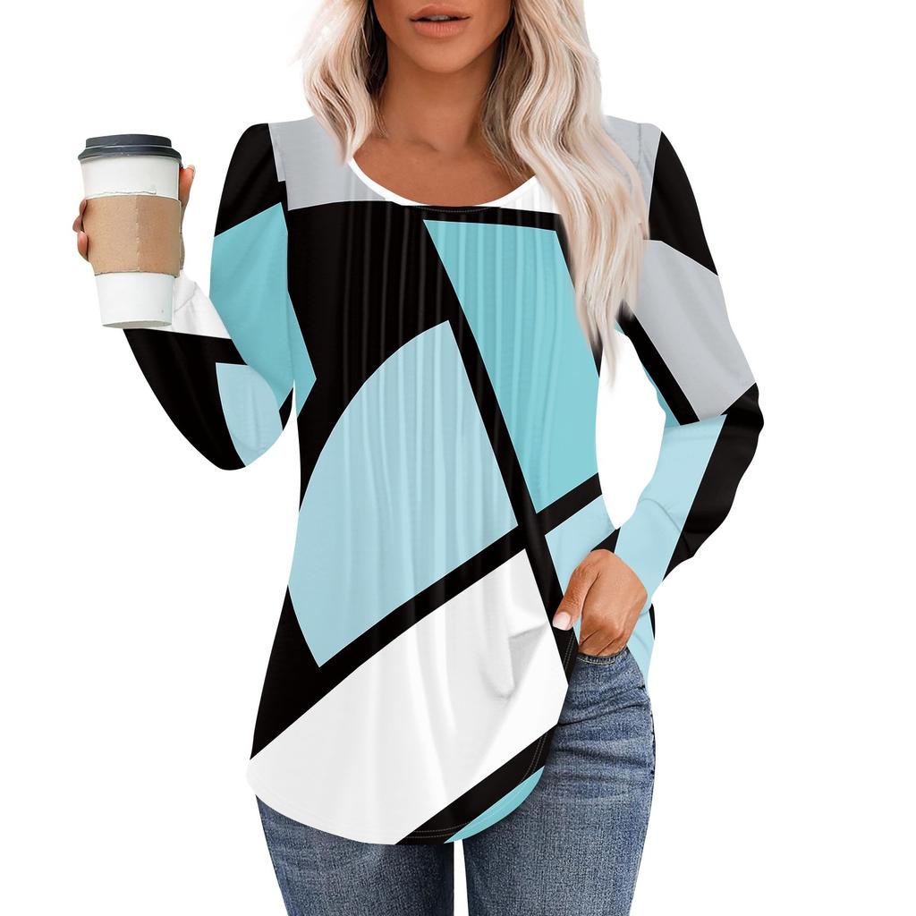 Рубашки с длинным рукавом для женщин, топы, нарядные повседневные блузки, плиссированные топы-туники с круглым вырезом