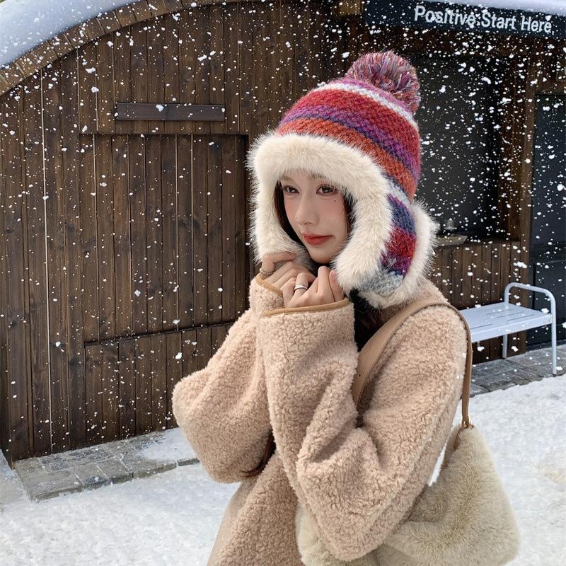 Теплая вязаная шапка женская зимняя в цветную полоску шапка-ушанка уличная плюшевая шапка