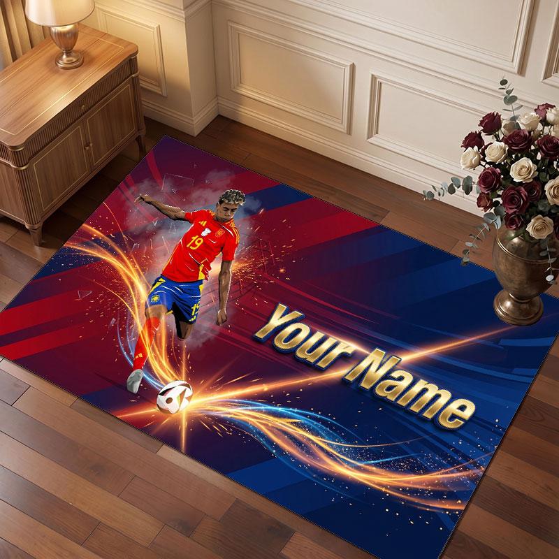 Lamine Yamal Custom Crystal Velvet Rug, Personalized Name Text Print, Football Logo Soft Non‑Slip Floor Mat Home Decor Gift