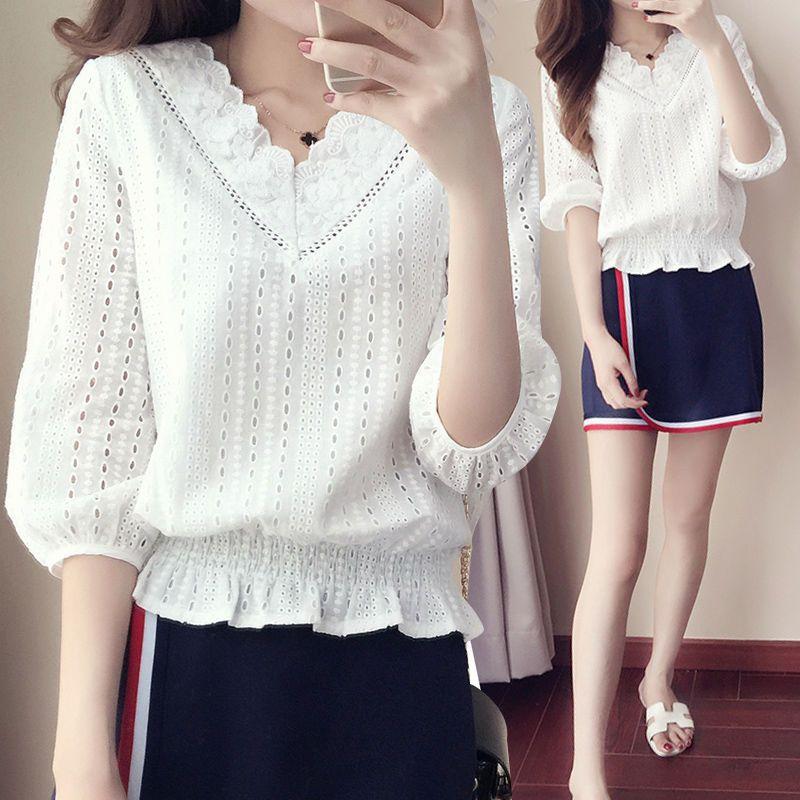 Новая модная кружевная повседневная блузка с v-образным вырезом, женская элегантная свободная белая рубашка с коротким рукавом, однотонная винтажная блузка больших размеров, топы, женская одежда 1088