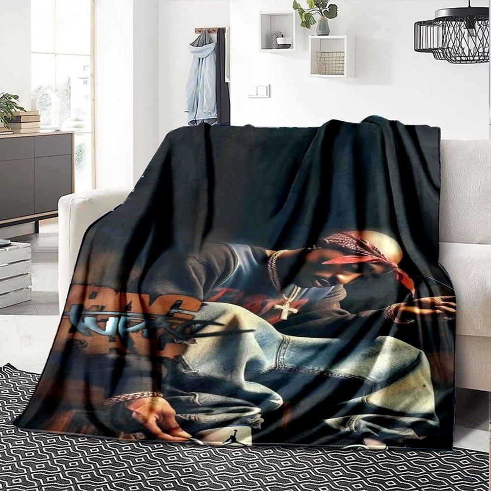 1pc 2PacHip Hop Blanket Soft Lightweight All Season Multi Purpose Throw for Sofa, Bed, Office & Picnics, French Style with Iconic Album Art & Quotes